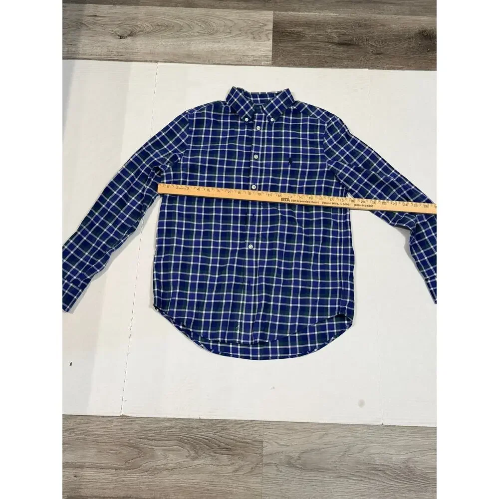 Ralph Lauren Boys L 14-16 Blue Green Plaid Button Down Long Sleeve Shirt Pony